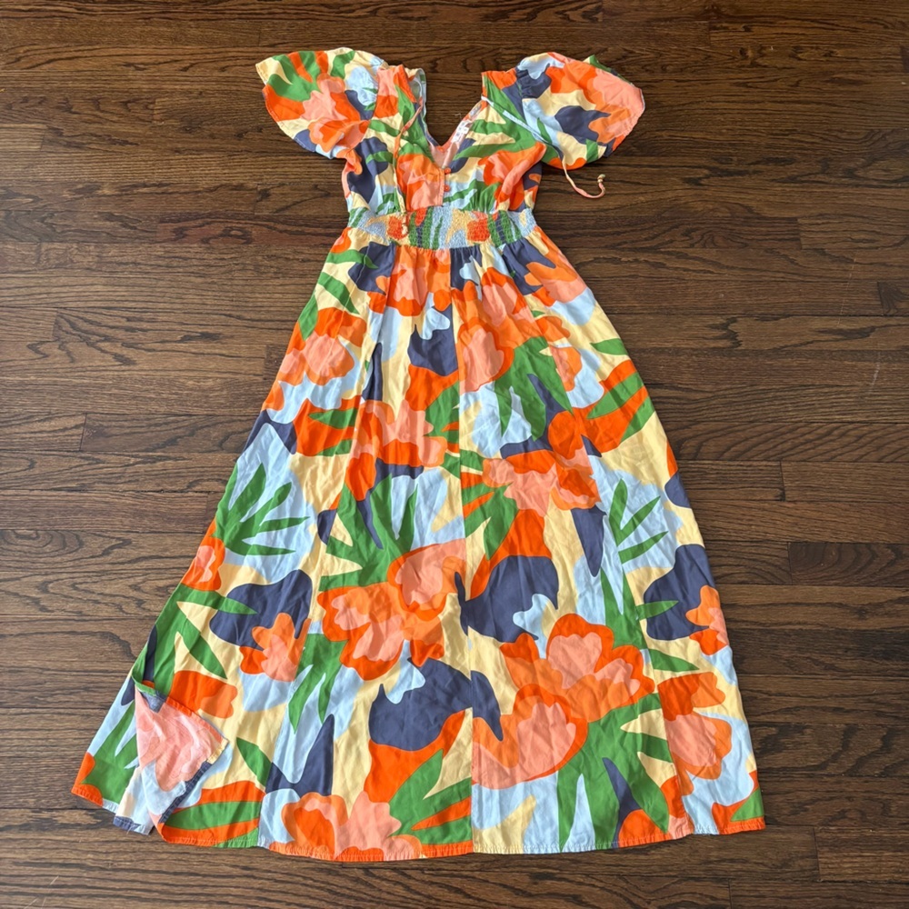 Abel the Label Vibrant Cottage Core Floral Hilda Maxi Smock Flutter Sleeve Dress